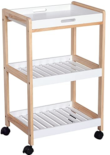 HOMCOM Chariot de Service desserte de Cuisine à roulettes 2 étagères + Plateau Amovible Bois de pin MDF Blanc