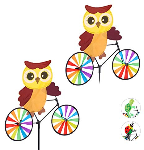 Relaxdays 2 Molinillos de Viento Búho para Terraza, Jardín y Niños, Poliéster y Plástico, Multicolor