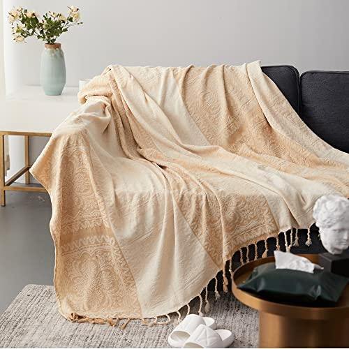 ele ELEOPTION Chenille Überwurf Decke, Jacquard Quasten Überwurf Decke Sofa Stuhl Bezug Dekorative für Bett Couch, Sessel, Folk Tribal Muster (Milchweiß, 220 x 250 cm)
