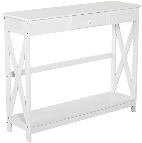 HOMCOM Mesa de Consola de Madera Mesa de Entrada con 1 Cajón y 1 Estante de Almacenaje para Pasillo Salón 100x30x81 cm Blanco