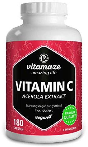Vitamin C hochdosiert 160 mg natürlich aus 660 mg Acerola Extrakt, vegan & optimal bioverfügbar, 180 Kapseln für 6 Monate, Nahrungsergänzung ohne Zusatzstoffe, Made in Germany