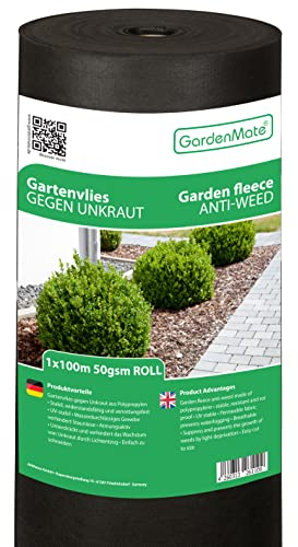GardenMate 100m² Unkrautvlies Gartenvlies wasserdurchlässig – Unkrautfolie Gartenflies – Unkrautflies auf Rolle 1m x 100m - 50g/m² – Gartenfolie Reißfestes Unkrautschutzvlies - Hohe UV-Stabilisierung