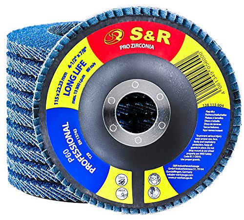 S&R 10 Dischi Abrasivi a Lamelle 115mm. Dischi Lamellari 115 Grana 60 x Legno Acciaio INOX Metallo. Disco Abrasivo per Smerigliatrice di tutte le Marche. Disco Lamellare.