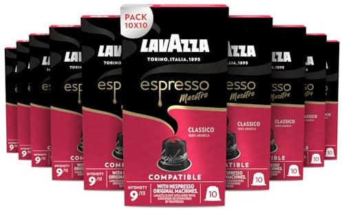 Lavazza, Espresso Maestro Classico, 100 Cápsulas de Café Compatibles con Máquinas Nespresso* Original, Notas de Cereales y Galletas, 100% Arábica, Intensidad 9, Tueste Medio-Oscuro, Amazon Exclusive