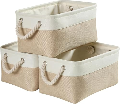 Mangata Large Storage Box set of 3, Fabric Storage Baskets with Handles for Cupboards, Wardrobe, Shelves, Bathroom, Clothes, Toys, Towel (41x31x20 cm, Light Khaki White)