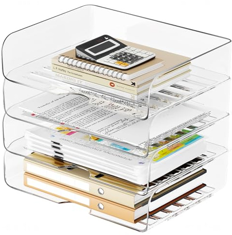 Tomorotec Desk Letter Tray Set 4-Pack, A4 Size Clear PET Stackable Document Organizer Office Desktop File Paper Holder Book Storage Rack Side Load Anti-Skid Stacking Support Convex Bottom Grooved Snap