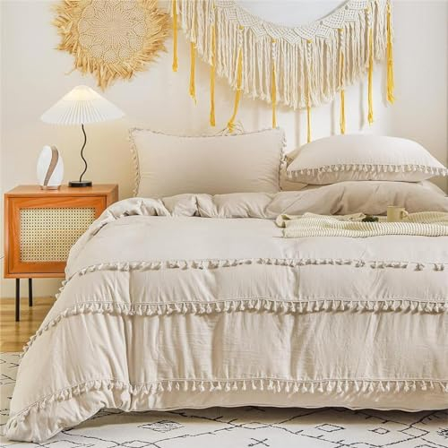Freyamy Böhmen Bettwäsche 135x200cm 2teilig Beige Quaste Fransen Boho Chic Bettwäsche Gewaschene Microfaser Bettwaren-Sets Bohemian Luxus Mädchen Bettbezug mit Reißverschluss und Kissenbezug 80x80cm