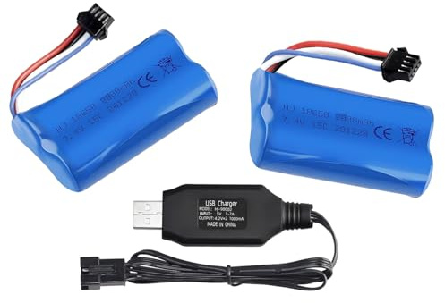 2 Pack 7.4v 2S 2000mah Li-ion Battery RC Rechargeable Batteries 18650 15C SM-4P 4 Pin Plug Connector with USB Charger Set for RC Car off road Truck Jumper Vehicle Drone JJRC Wltoys Hosim