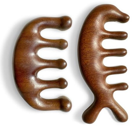 Kotkiddy® 2 Pettini Massaggianti in Legno Con Denti Larghi per Massaggi Alla Testa, Alleviare La Fatica - 100% Legno di Sandalo Dorato Naturale