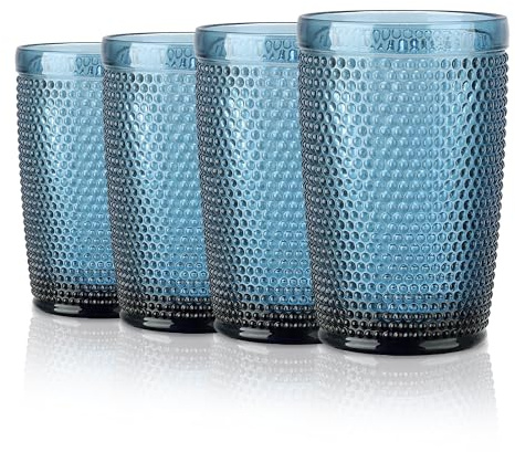 Joeyan Highball Drinking Glasses Set of 4, 350ml Embossed Water Glasses Cups Colored Bubble Tumbler Glasses Ribbed Glassware Set for Cocktail Soda Juice Beverage, Blue