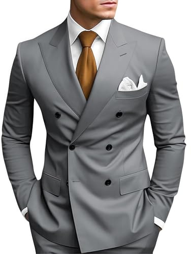 HANBANGWEI 2 Piece Double Breasted Suit Men Slim Fit Mens Double Breasted Blazer Pants Sets Wedding Prom Homecoming Suit, Light Grey, XL