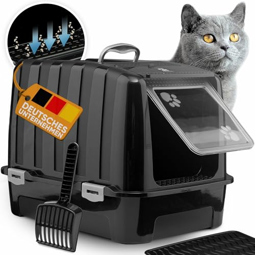 CROPLAS Katzenklo mit Deckel und Aktivkohlefilter, inklusive Katzenklo Matte und Katzenklo Schaufel – Katzentoilette mit Deckel, XXL, geschlossen – Katzenklo zu mit Filter für saubere Katzen, schwarz