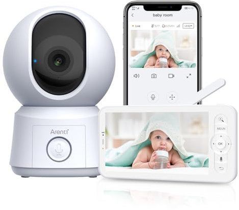 ARENTI Baby Monitor: 1080P-kamera, 5-tums skärm, mörkerseende, PTZ, one-touch-samtal, VOX, riskzoner, rörelsedetektering, musik. Stöder anpassade områden, perfekt för babyvård.