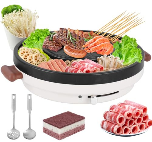 Hot Pot Grill 2-IN-1 Electric Hotpot and BBQ 34CM Hot Pot Cooker,Nonstick and Smokeless,Two Gear Power Adjustable,Electric Hotpot Grill for 2-3 People 2000W