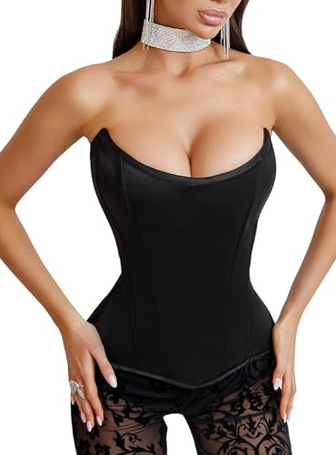 WS Waist Secrets Perfect Corset NYC OVERBUST Satin Corset Top Lace up with 15 Steel Boned (Black L)