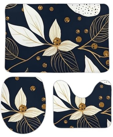 VFMKT 3-teiliges Badteppich-Set, rutschfest, saugfähig, Badematte, Konturmatte mit WC-Deckelbezug, Blätter und Beeren, weiche Fußmatten für Badezimmer, Küche, Tür, Heimdekoration
