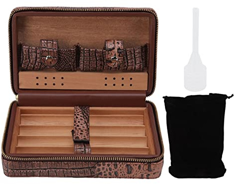 SOUQDWL Travel Humidor Case, Cedarwood Leather Portable Humidifier Outdoor Container Storage Pocket Box with Humidifier Suction Nozzle Zipper for 4pcs