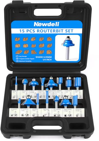 Newdeli Router Bit Set 1/4 Inch Shank 15Pcs Router Bits Tungsten Carbide Tipped Router Bit Woodworking Tool for Beginners
