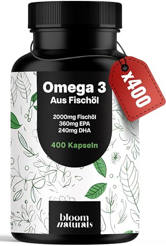 Omega 3 Kapseln Hochdosiert - 400 Kapseln mit 2000mg - EPA 360mg & DHA 240mg Fischöl pro Tagesportion - Omega 3 Fettsäuren Kapseln, produziert in Deutschland Laborgeprüft - Verpackung kann variieren