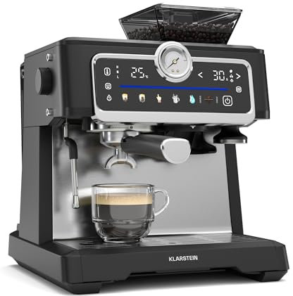 Klarstein GrandPresso Touch Machine à café en grain – 20 Bars, 1350 W, Écran tactile, Broyeur intégré, Buse vapeur, Réservoir 2,3 L, Acier inoxydable, Noir