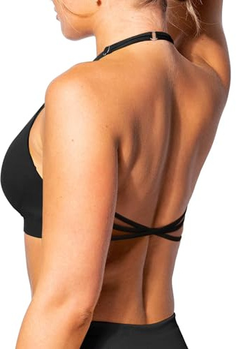 TZLDN Women Halter Sports Bra Padded Backless Gym Workout Crop Tops Black