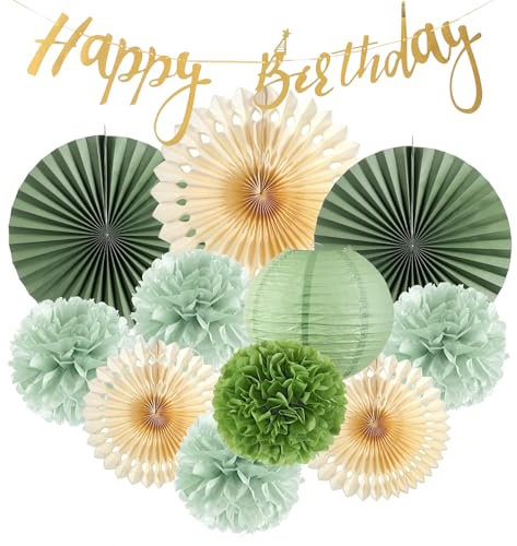 Phlognfy Verde Salvia Decoración Fiesta Cumpleaños, 12pcs Salvia Decora Tema Fiesta, Abanico Papel Redondo Pom Pom Linterna Bandera, Jardín Verde Decoración Fiesta para Boda Baby Shower