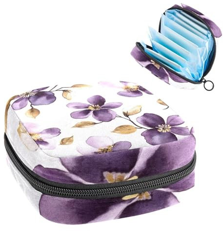 Purple and Gold Watercolor Flowers on White Background Sanitary Napkin Storage Bag, Large Menstrual Cup Pouch with Zipper, Period Pads Bag Store Panty Liners Tampons for Girls Women