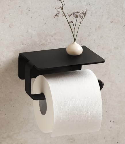 KAZAI. Porta carta igienica senza forature | Portarotolo WC adesivo con mensola | Porta rotolo da parete bagno | Supporto per carta WC in metallo | Nero