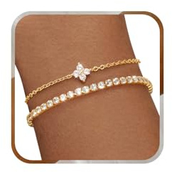 J.Fée 2Pcs Gold Bracelets for Womens 14K Gold Plated Bracelet Set, Four Leaf Clover Bracelet 3MM Tennis Bracelets for Women Adjustable with Cubic Zircon, Womens Jewellery Birthday Gifts for Women