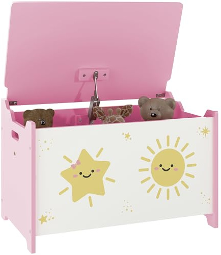 Qaba Toy Box with Lid, Toy Chest with Safety Hinges for Kids Boys Girls, Storage Organizer for Living Room, Playroom, Nursery, Bedroom, 24 L x 15 W x 15 H, Pink