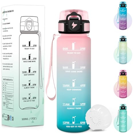 Baramumu Gourde, 500ML Sans BPA, Gourde Enfant, Avec Horodatage, Bouteille Anti Fuite, Conception de Verrouillage Anti-Fuite, Bouteille plastique pour École, Yoga, En cours d'exécution - Rose&cyan