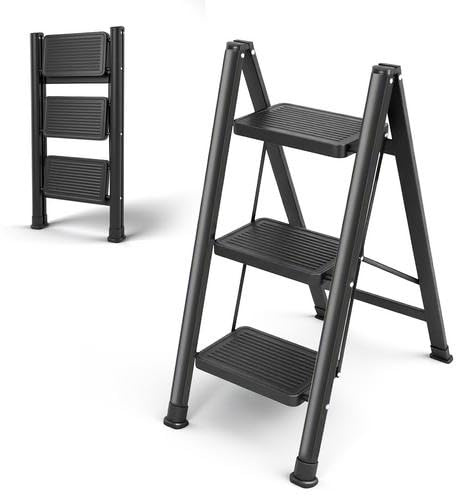 Victoam Taburete plegable de 3 peldaños con soporte seguro, pedal ampliado, escalera plegable de aluminio, taburete multifuncional de hasta 150 kg, soporta hasta 150 kg, para cocinas, hogar