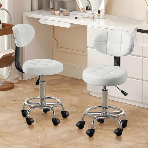 HDHNBA Silla de Oficina Moderna - Taburete Rodante con Respaldo Bajo y Altura Ajustable - Silla de Trabajo Giratoria con Reposapiés para Oficina,Hogar,Salón o Dibujo(Blanco,Paquete de 2)