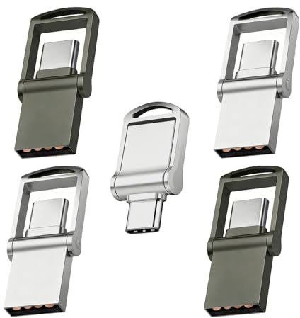 Mini USB Flash Drive 8GB x 5-Pack, USB C & USB A Dual Drive Memory Stick, Thumb Drive with Rotatable Cover, External Storage USB Drive for iPhone 17/16/15, Android, Computers, iPad and More