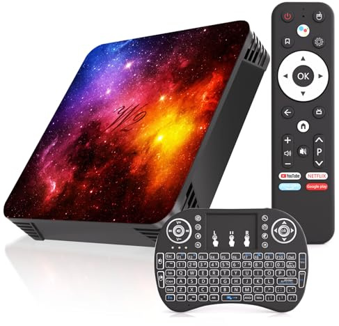 Android 14 Smart TV-hölje, 4 GB RAM, 64 GB ROM, kosmisk Stellary-ljusdesign, dubbelband wifi och BT4.2, TF-kortförlängning, minitangentbord, HDMI och USB Smart TV-port