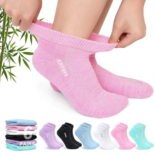 ZFSOCK Chaussettes Diabétiques pour Homme Femme: Chaussette Courtes Bambou Non Comprimantes Socquettes Sans Élastique ni Couture avec Semelle Rembourrée pour Pieds et Enceintes 6 Paires Pastel 43-46