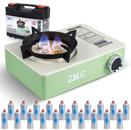 ZMC Gasspis 1 lampa, 3 500 W med 3 brännarsystem och piezo-tändning inkl. 20 x gaspatroner, bärbart campingkök med transportfodral, kompakt och lätt 1,4 kg, utomhusspis för camping och trädgård