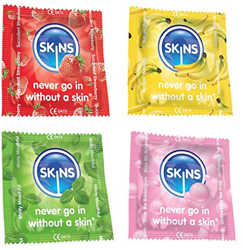 Premium Skins Mixed Flavoured Condoms for Oral and Intercourse - Ultra Thin Condoms with Extra Flavoured Lube for Extra Pleasure - Discreet Pack of 24