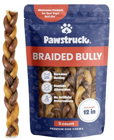 Pawstruck Natural 12 Braided Bully Sticks for Dogs – Tough, Long-Lasting, Rawhide-Free, Low-Odor, Single Ingredient Chew Treat for Aggressive Chewers – 5 Count – Packaging May Vary