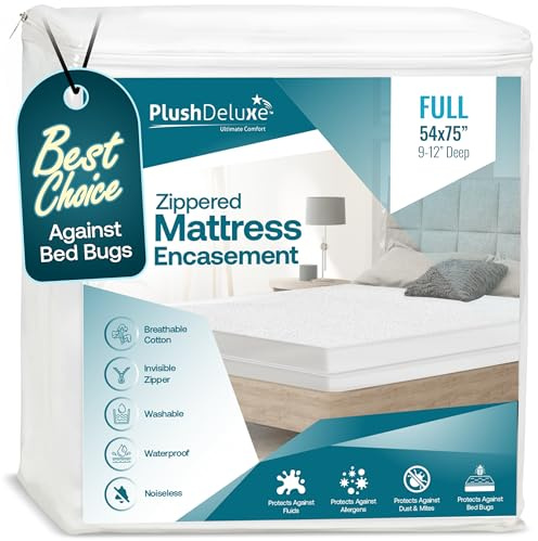 PlushDeluxe Full Size Premium Mattress Encasement - Zippered Waterproof, Bedbug Proof Design, 6-Sided Protection - Hypoallergenic Cotton Terry Fabric [9-12] Depth