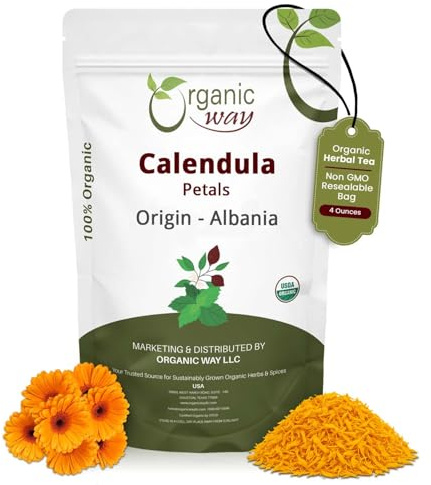 Organic Way Dried Calendula Petals | Herbal Tea (Calendula Officinalis) - European Wild-Harvest | Organic & Kosher Certified | USDA Certified | Origin - Albania (1/4LBS / 4Oz)