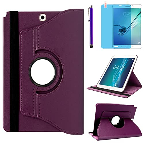 Hülle für Samsung Galaxy Tab A 9.7'' 2015 (SM-P550 SM-T550 SM-T555), 360 Grad drehbarer Ständer Smart Schutzhülle,Mit Stylus Pen,Bildschirm Film (Purple)