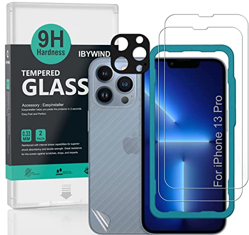 Ibywind Screen Protector (2 Pack) For iPhone 13 Pro,9H Hardness Tempered Glass,With 1Pc Metal Camera Lens Protector,1Pc Back Protector,Easy to Install