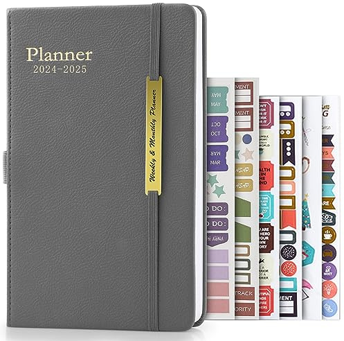 Agenda 2024 2025, Anhow 18 Meses A5 Agenda Escolar 2024 con 4 Etiqueta Autoadhesiva/ 2 Calendario Pegatina por Escolar Oficina, Enero 2024 - Junio 2025-14,3 x 20,6 cm/Gris
