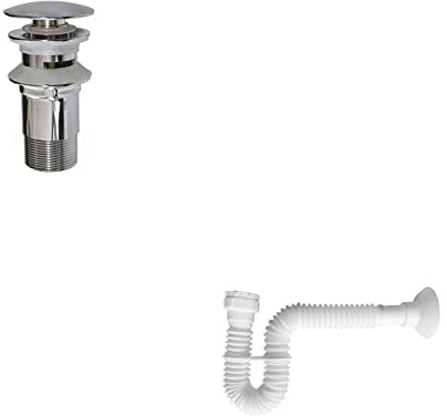 BAIKAL Pack Sifón de Botella Cromado/Extensible PVC y Válvula de Desagüe con rebosadero para baño, opción con Grifo. Fácil instalación, todo incluido. Sifón Extensible + Válvula