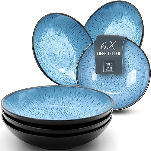Juego de 6 Platos Hondos de Gres Serie Ibiza - Elegantes Platos para Pasta y Sopa - Vajilla Completa Moderna para 6 Personas - Platos Llanos Estilosos - Pure Living en Negro y Azul Profundo