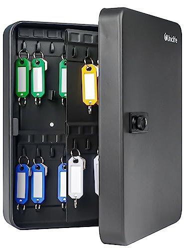Uniclife Armario Lllaves de 60 Posiciones con Cerradura de Combinación Reseteable Caja de Seguridad Digital Negra Organizador de Llaves de Acero con Etiquetas Adhesivas de Colores para Llaves Ganchos