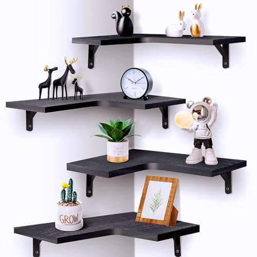 Wlicon Juego de 4 estantes esquineros flotantes para pared, estilo rústico moderno, estantes de exhibición montados en la pared, madera, para decoración del hogar, dormitorio, sala de estar, baño,