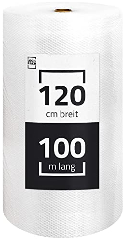 LOGIC PACK Luftpolsterfolie Rolle 100m x 120cm, 50my 2-lagig - Bubble Wrap Verpackungsmaterial für Umzug, Versand, Verpackung, Premium Starke Noppenfolie Polstermaterial 100% recycelbar LPF Rolle