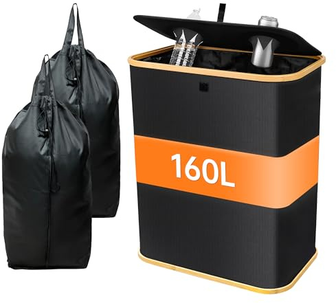 daqoupzi 160L Pfandflaschen Sammelbehälter，Pfandflaschen Behälter mit Deckel（inkl. 2 XXL Tragetasche），Flaschensammler Leergut 2 Fächer，Leergut Sammelbehälter，Flaschenbehälter zum Sammeln (Schwarz)